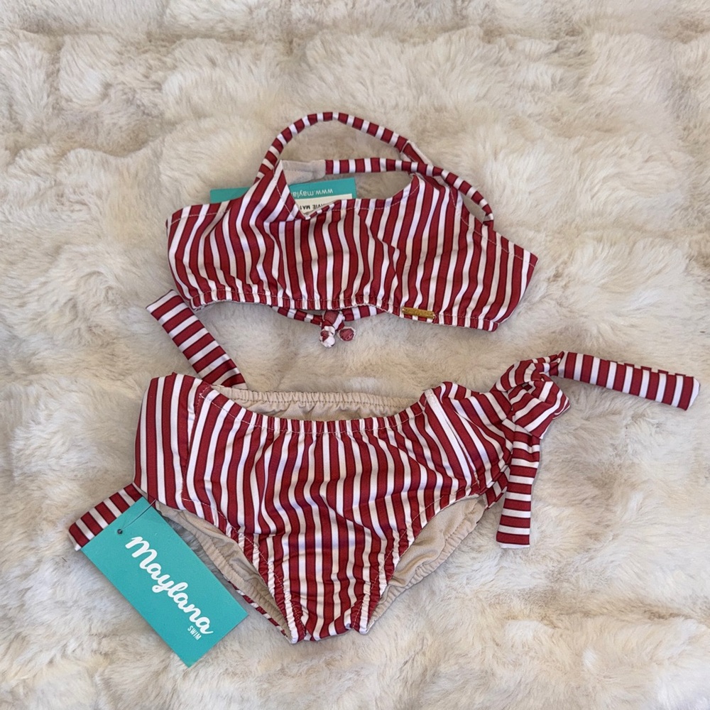 Red and White Striped Kids Bikini
